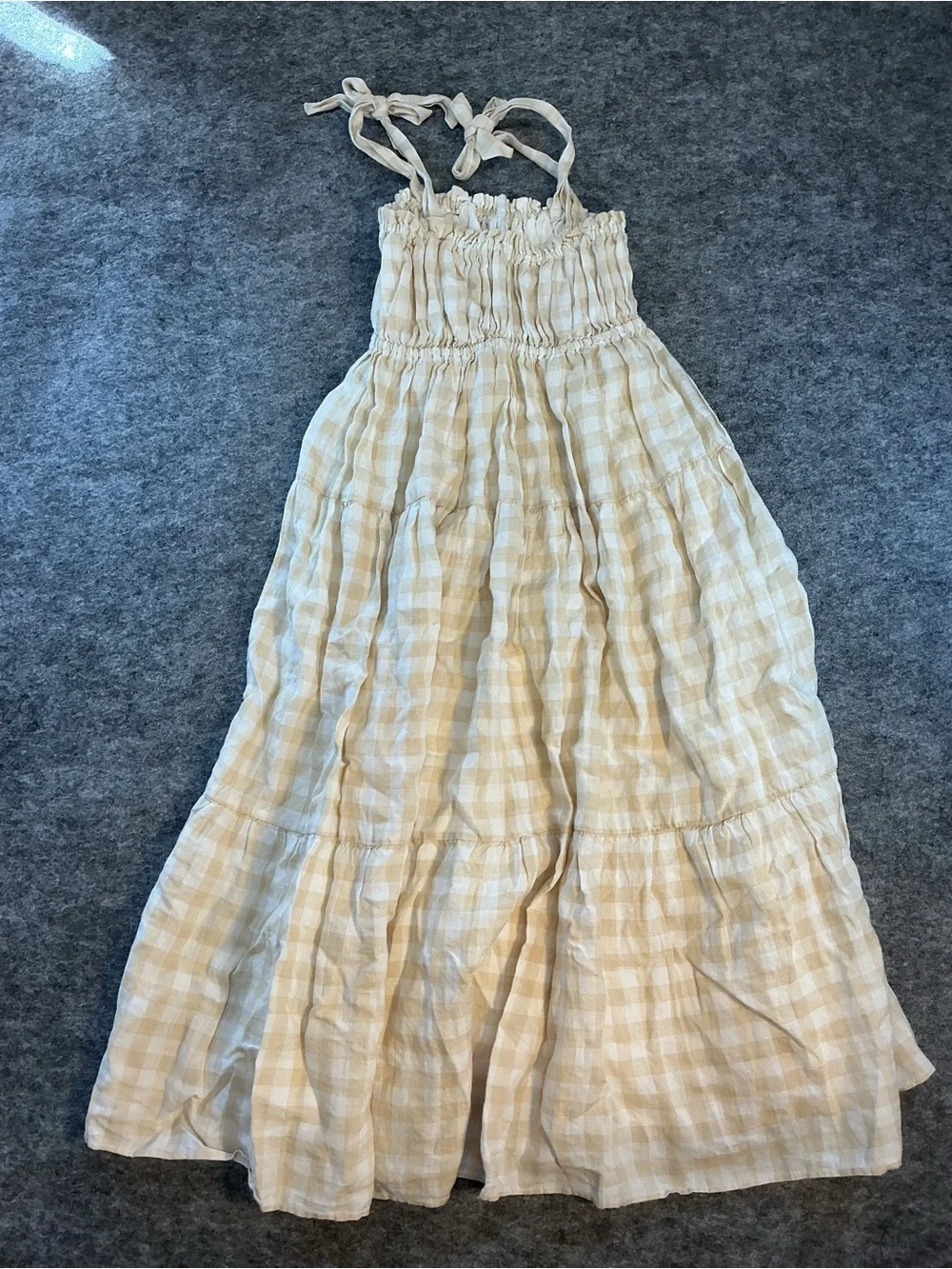 Italic Cream Gingham Linen Tiered Sundress with Tie Straps Size XS